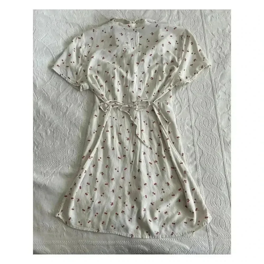 Cherry Print Retro Rockabilly Mini Dress Button Down Tie Back SO Size Large